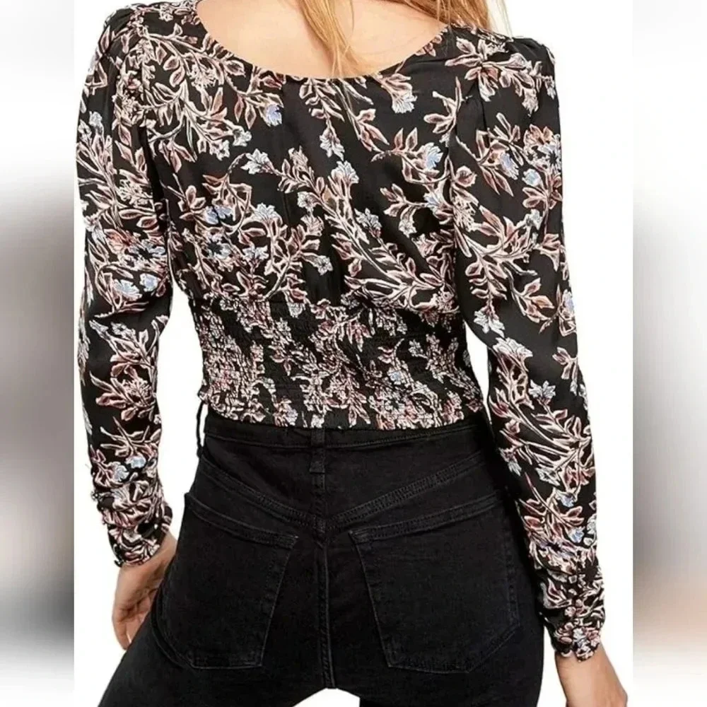 NWT || FREE PEOPLE || Santiago smocked blouse, crop, black, floral, size small